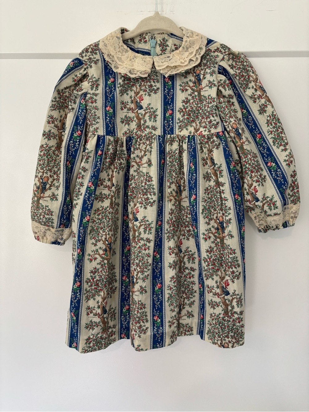Vintage 1970s Holly Hobbie Handmade Apple Picking Lace Accent Collared Dress